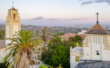 An aerial shot of the roof tops and bell tower of MSMU's Chalon campus