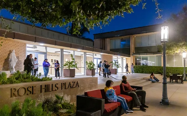 Students hanging out at the Rose Hills Plaza