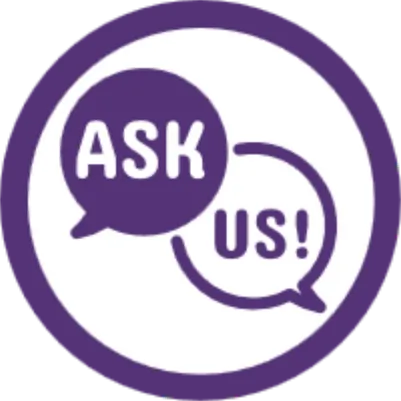 A purple icon of speech bubbles saying 