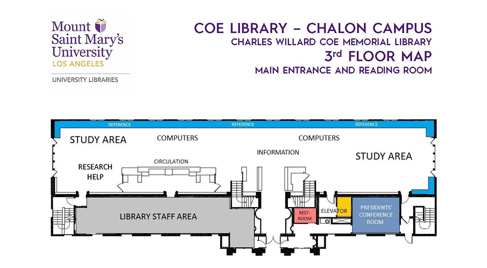 An image showing a floor map of the third floor of MSMU Coe Library.