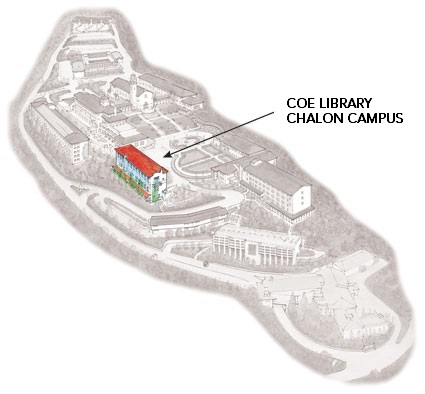 A stylized sepia drawing of MSMU Chalon Campus with the Coe Library building in full color.