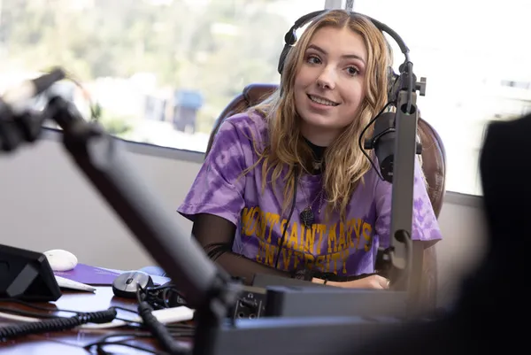 closeup of student in podcast studio