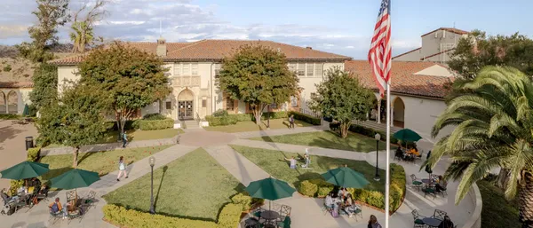drone shot of Chalon campus with students walking around